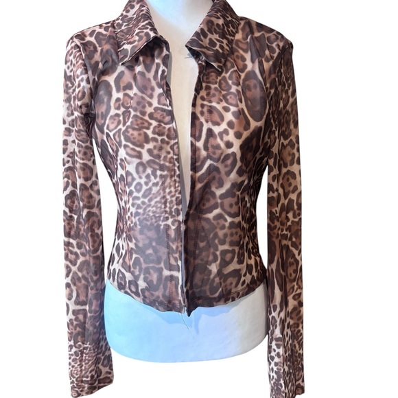Lioness Sheer Leopard Print Mesh Button Up Top Y2K Fitted Going Out - Picture 3 of 7